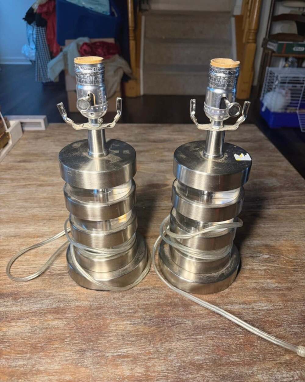 Pair of Modern Brushed Nickel and Clear Accent Table Lamps